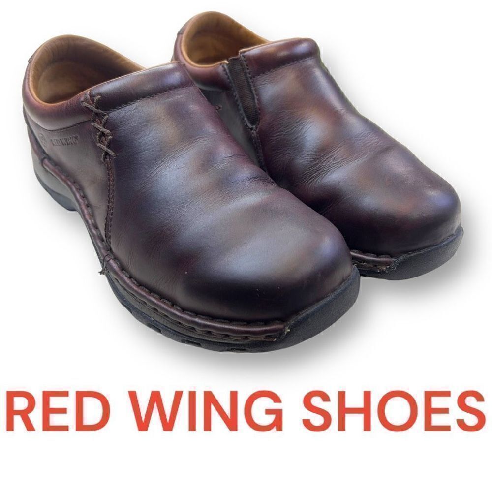 Red Wing Shoes Womens Leather Slip-On Steel Toe Safety Clog Shoes Brown Red Sz 7